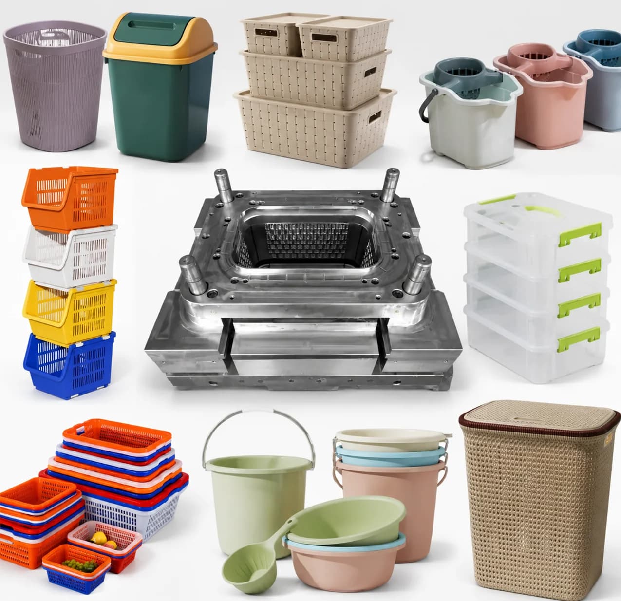 Household plastic product injection molds for storage, kitchen, and cleaning products